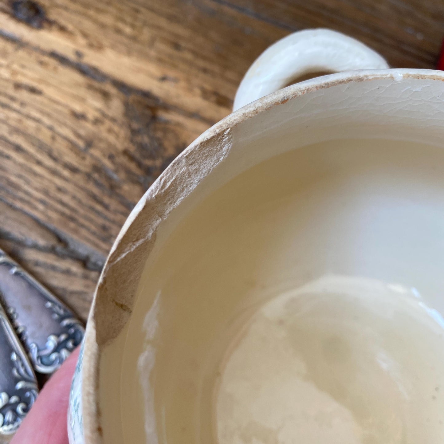 Small French antique sugar bowl or small tureen without lid birds and flowers, Art Nouveau shabby green transferware Gien c 1890-1910