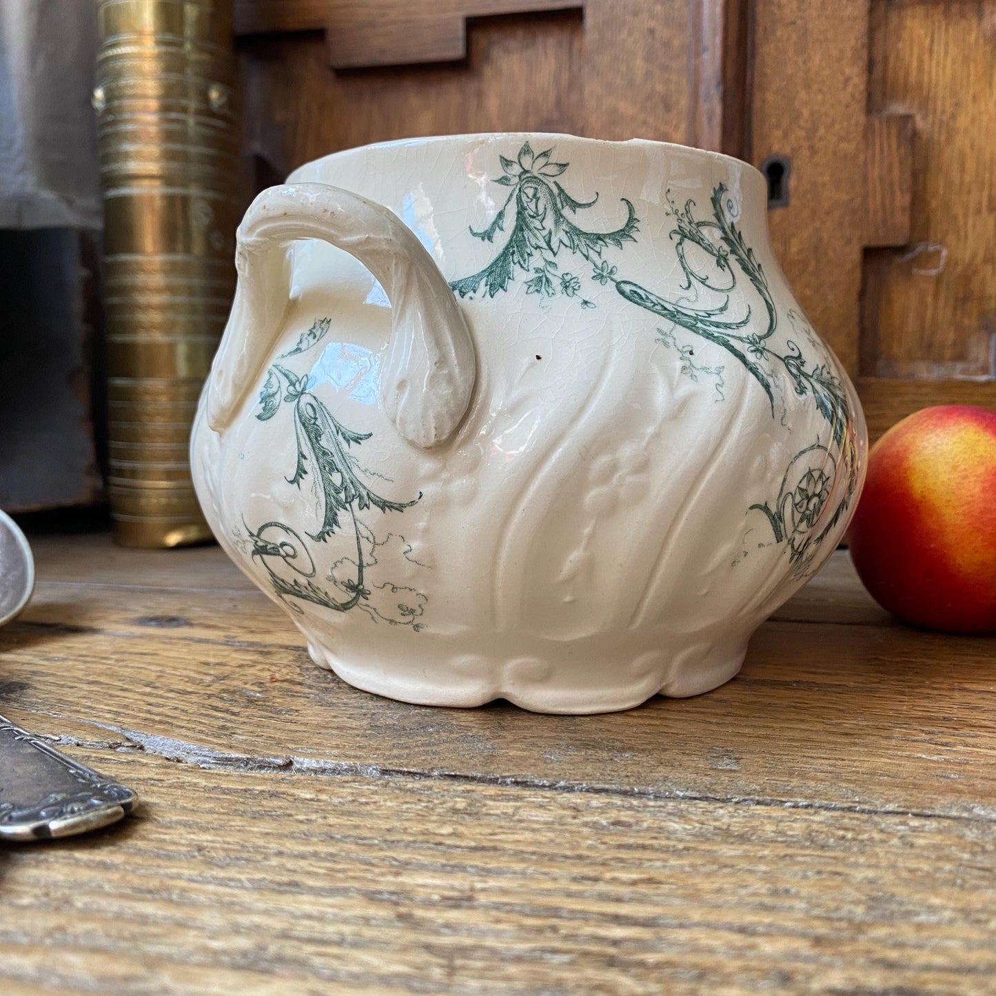 Small French antique sugar bowl or small tureen without lid birds and flowers, Art Nouveau shabby green transferware Gien c 1890-1910