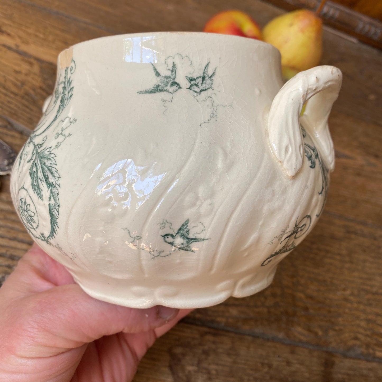 Small French antique sugar bowl or small tureen without lid birds and flowers, Art Nouveau shabby green transferware Gien c 1890-1910