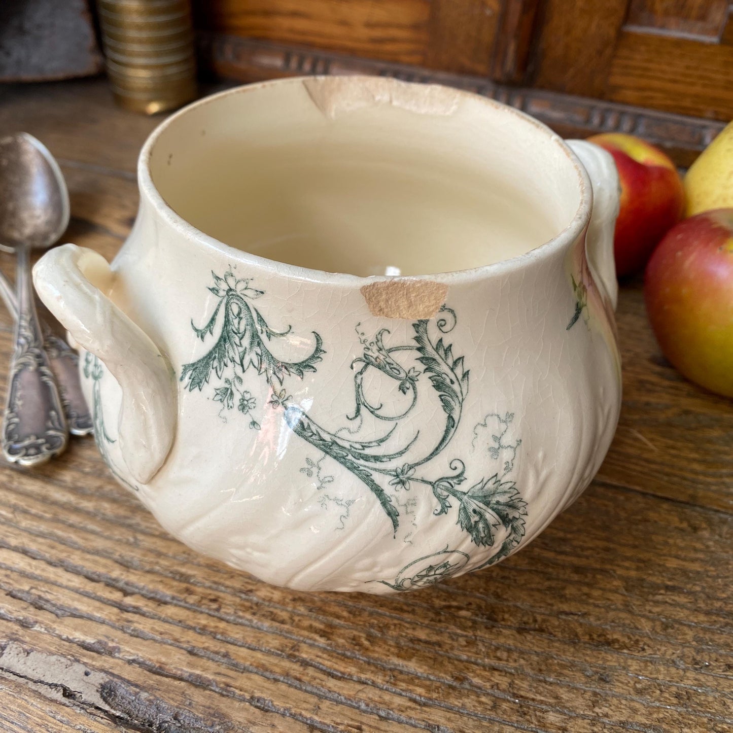 Small French antique sugar bowl or small tureen without lid birds and flowers, Art Nouveau shabby green transferware Gien c 1890-1910
