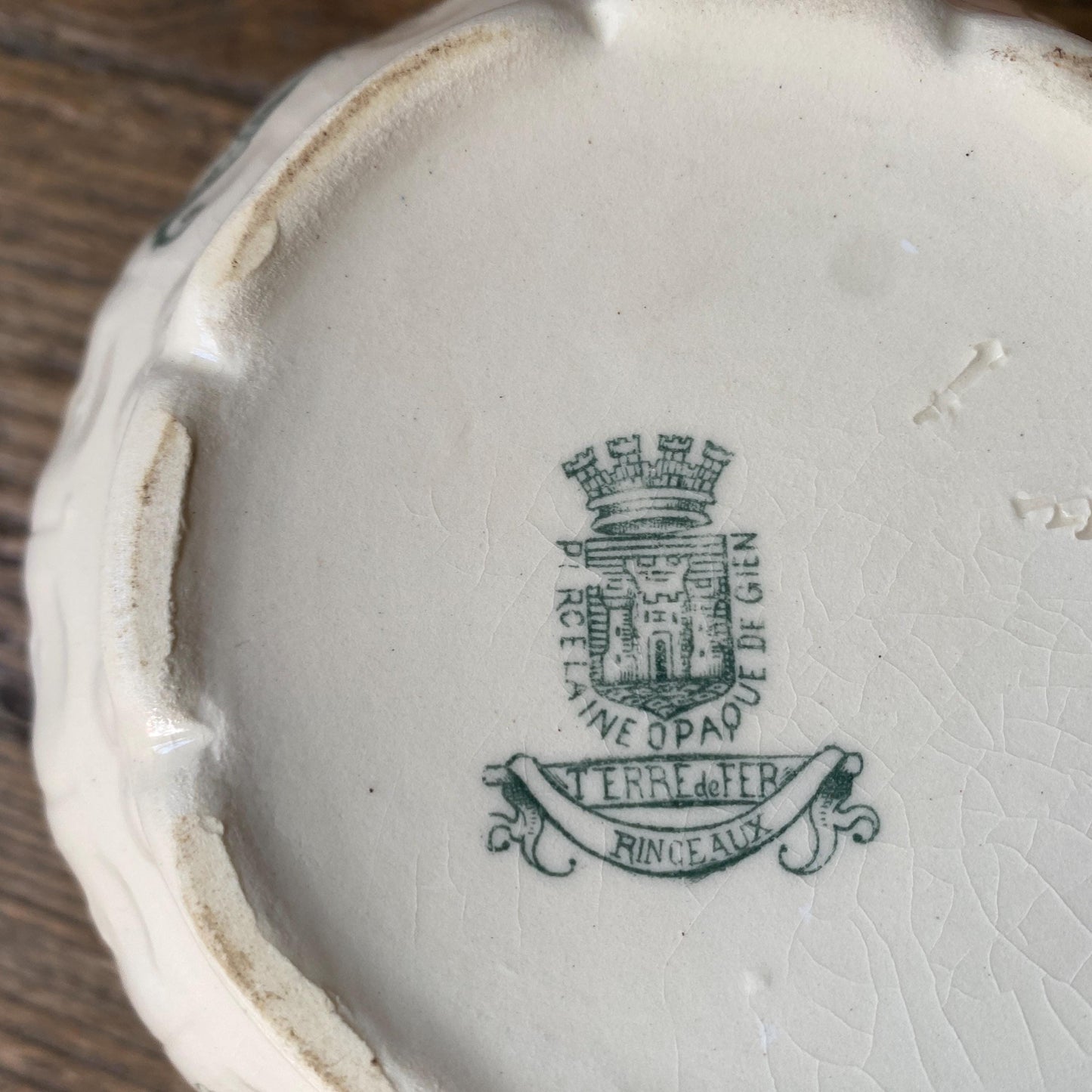 Small French antique sugar bowl or small tureen without lid birds and flowers, Art Nouveau shabby green transferware Gien c 1890-1910