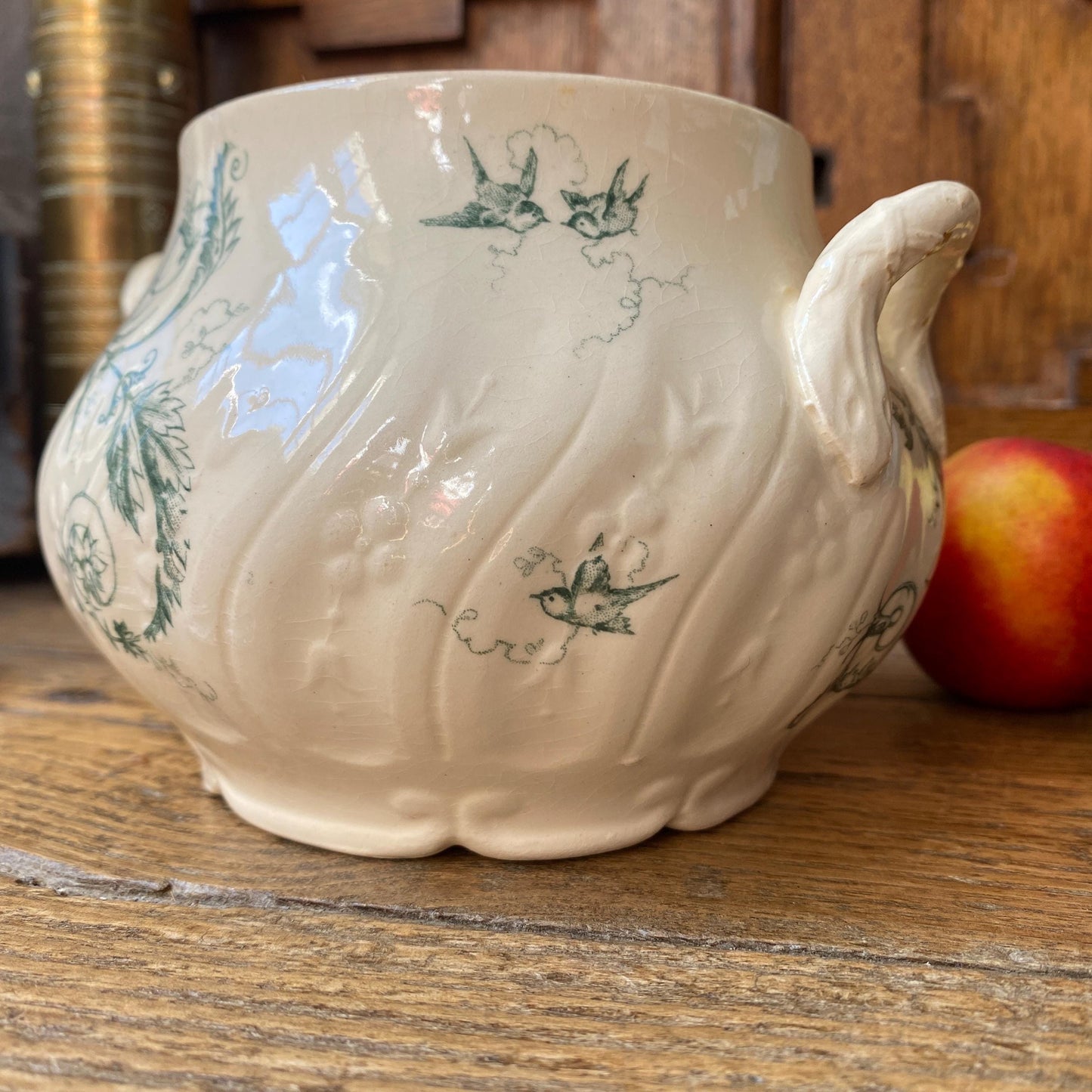 Small French antique sugar bowl or small tureen without lid birds and flowers, Art Nouveau shabby green transferware Gien c 1890-1910