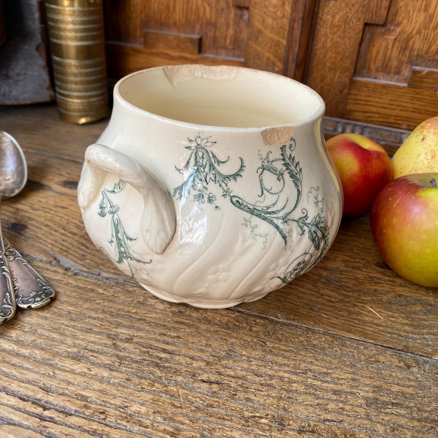 Small French antique sugar bowl or small tureen without lid birds and flowers, Art Nouveau shabby green transferware Gien c 1890-1910