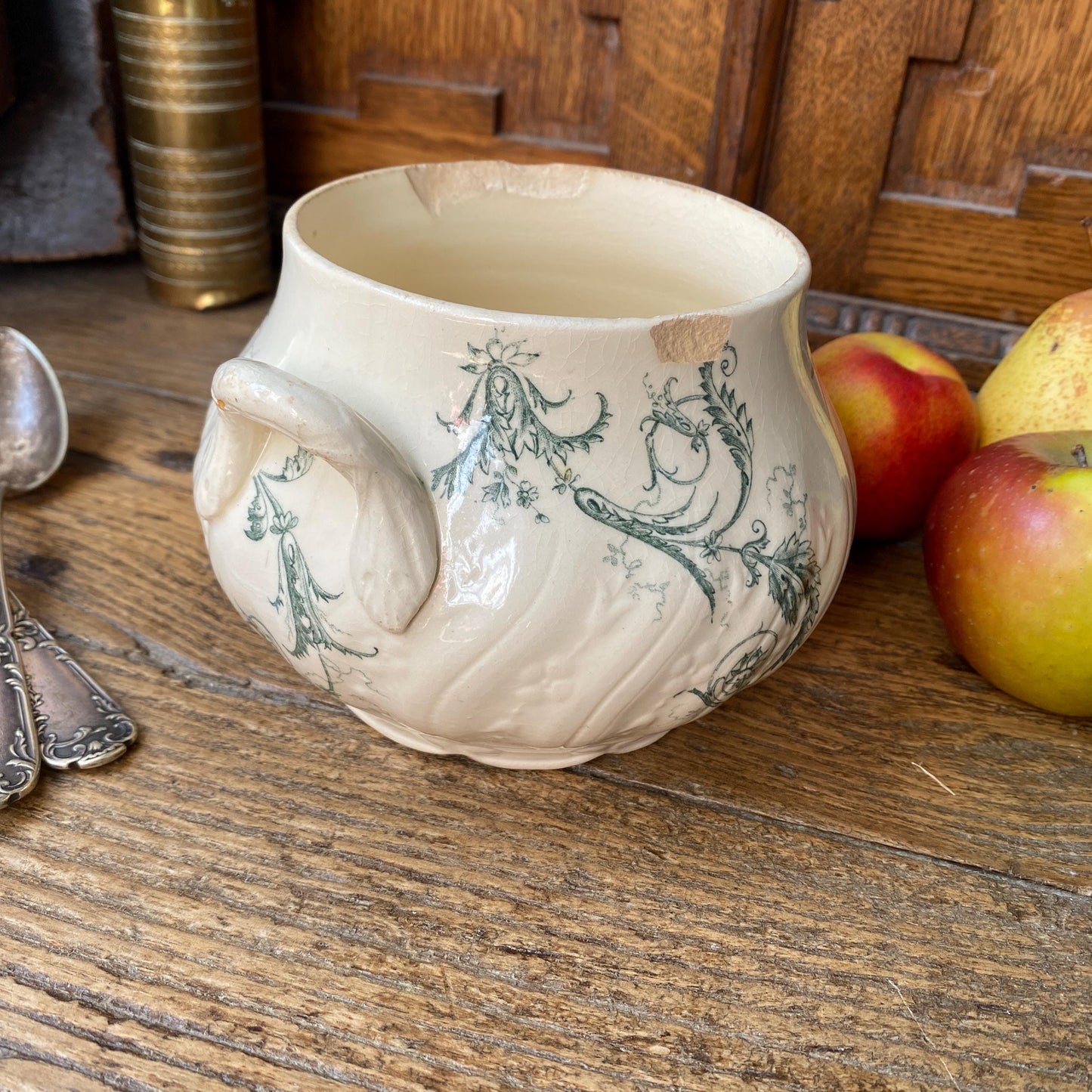 Small French antique sugar bowl or small tureen without lid birds and flowers, Art Nouveau shabby green transferware Gien c 1890-1910
