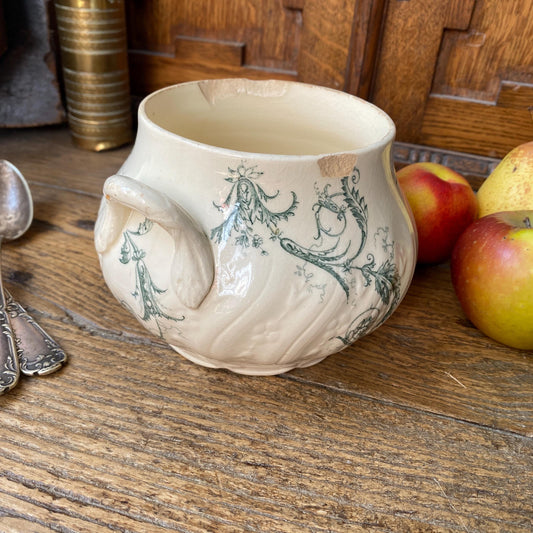 Small French antique sugar bowl or small tureen without lid birds and flowers, Art Nouveau shabby green transferware Gien c 1890-1910