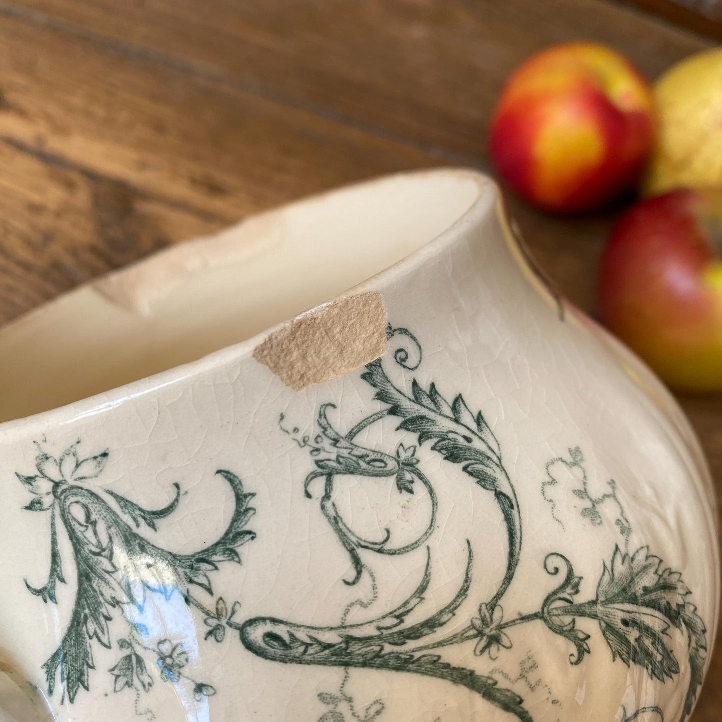 Small French antique sugar bowl or small tureen without lid birds and flowers, Art Nouveau shabby green transferware Gien c 1890-1910