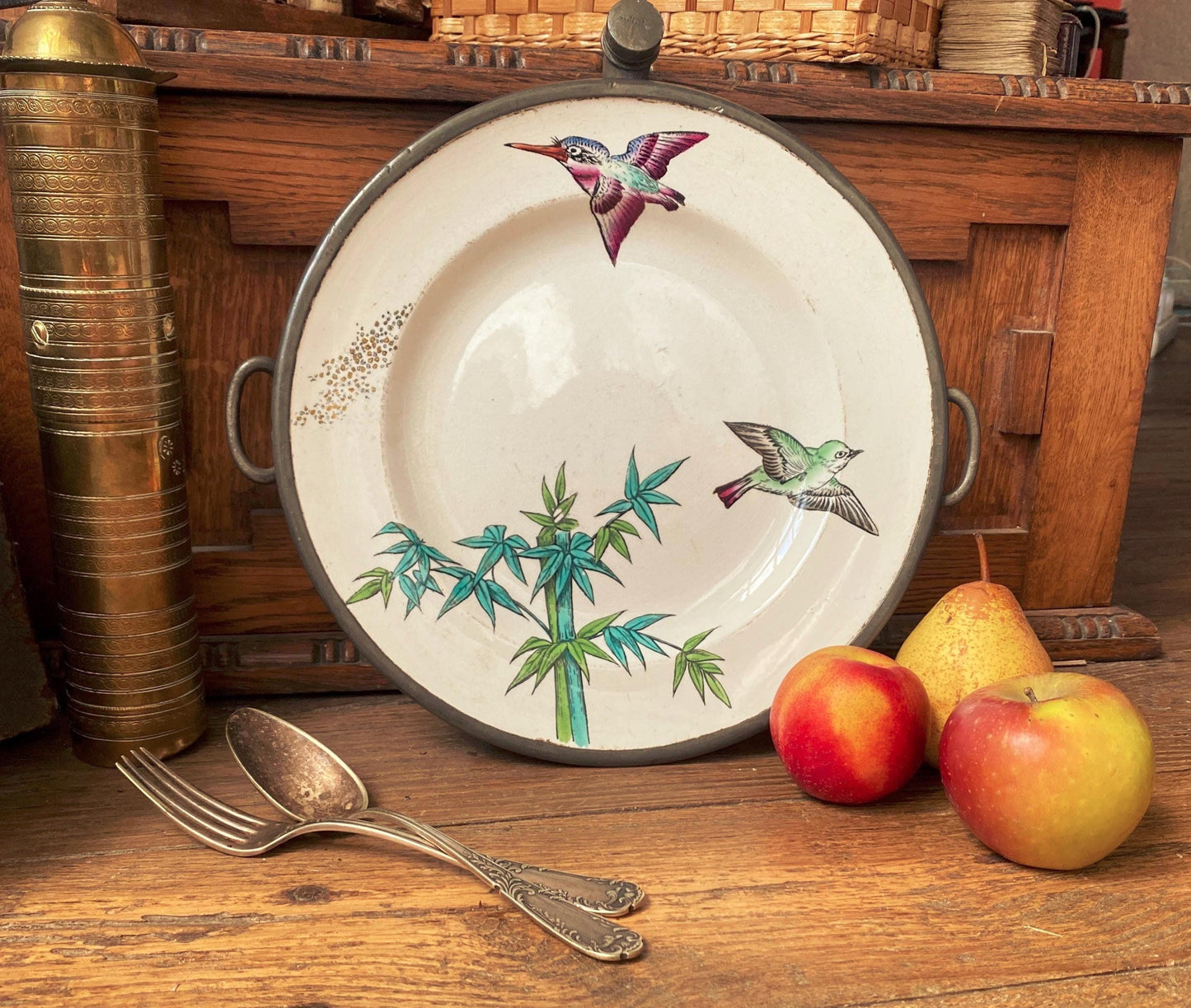 Antique Japonisme Warming Plate: Hand-Painted Birds, James Dixon & Sons