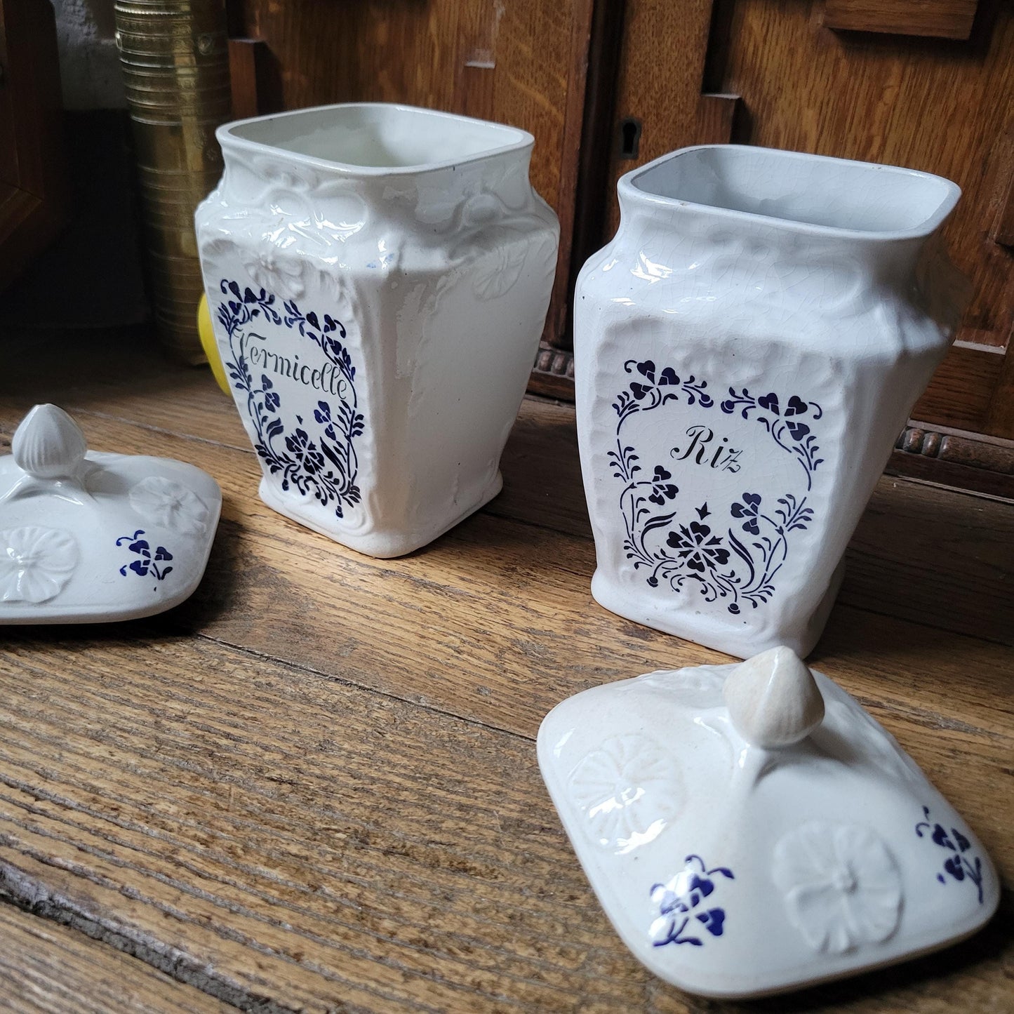 PAIR Antique French canisters vintage set of 2, Art Nouveau France c1900 transferware faience
