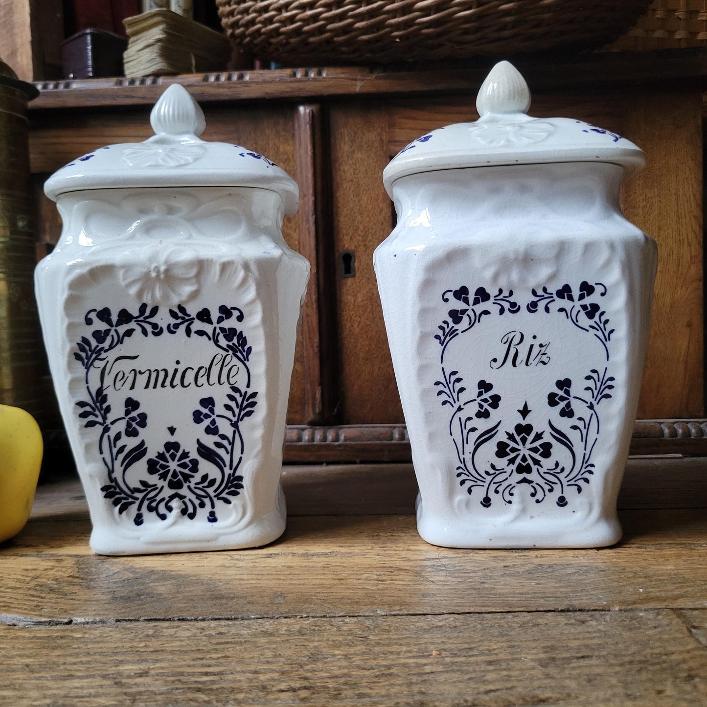PAIR Antique French canisters vintage set of 2, Art Nouveau France c1900 transferware faience