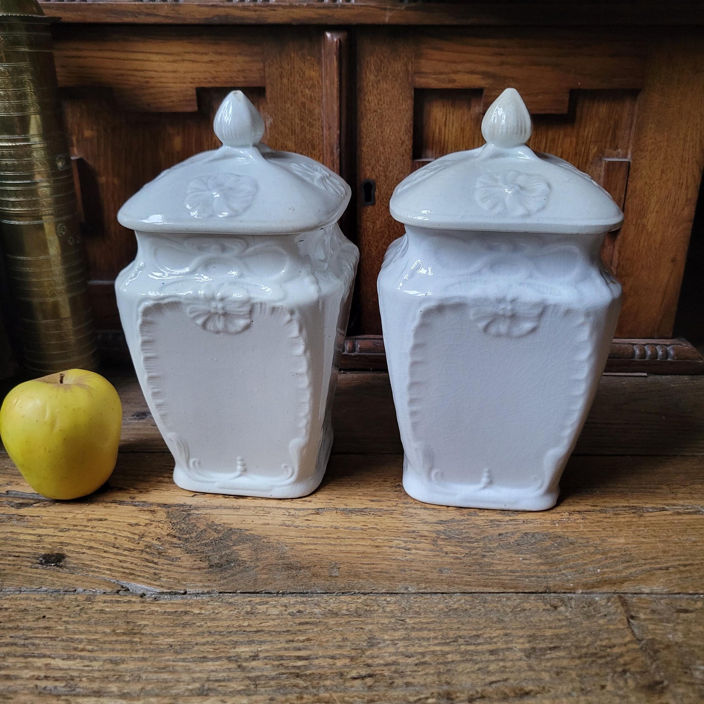 PAIR Antique French canisters vintage set of 2, Art Nouveau France c1900 transferware faience
