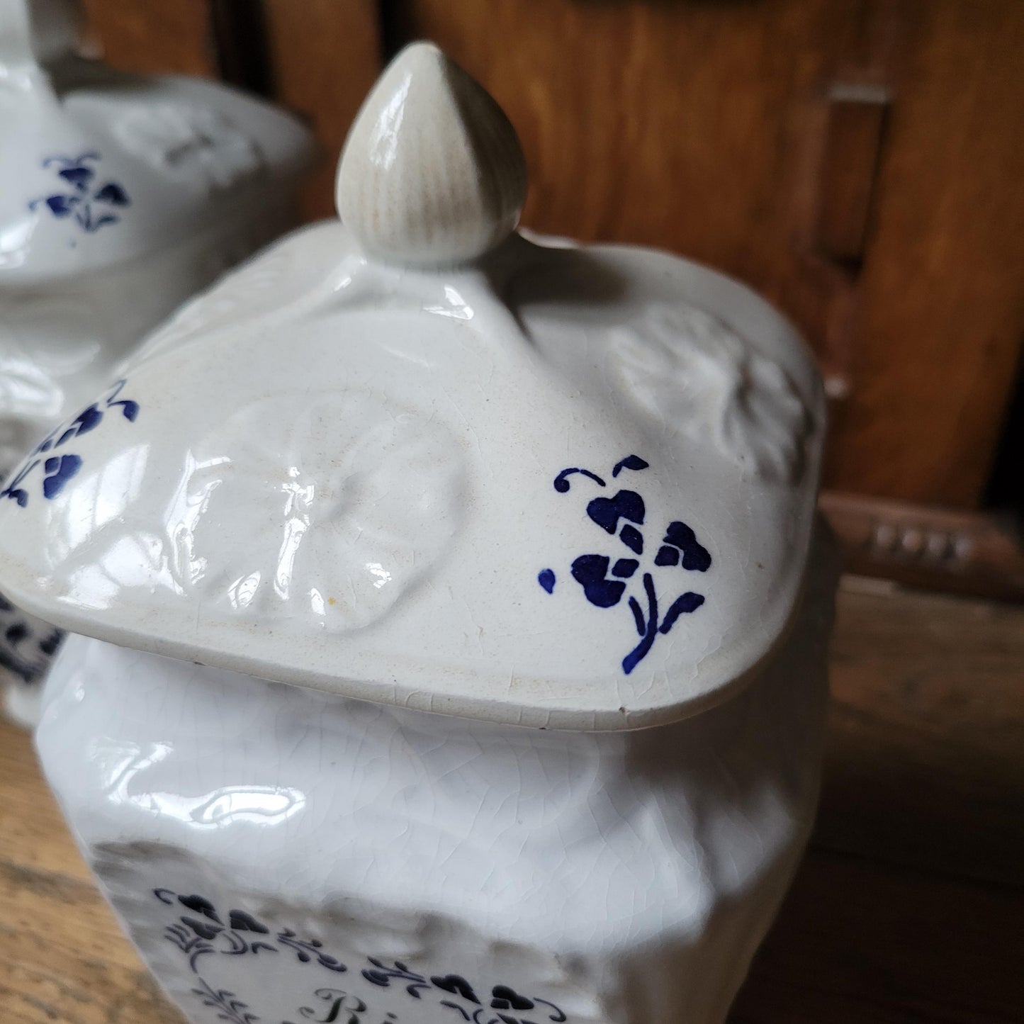 PAIR Antique French canisters vintage set of 2, Art Nouveau France c1900 transferware faience