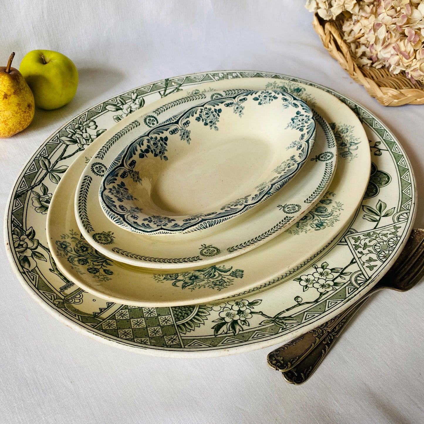 Antique Green Transferware Oval Platter Stack: Set of 4 platters, French Farmhouse Decor