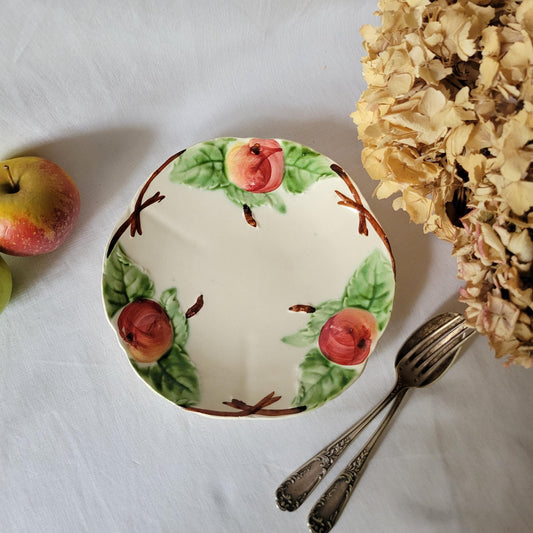 Antique French Majolica Plate: Barbotine Peach & Leaf Design, Hautin Boulenger