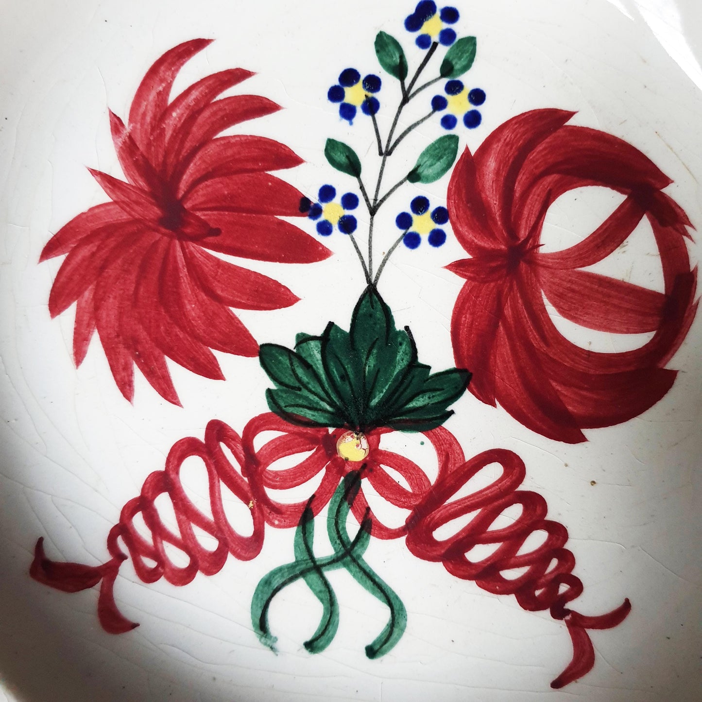 Antique Spongeware Soup Plate: Crimson Red Floral Welsh Pottery