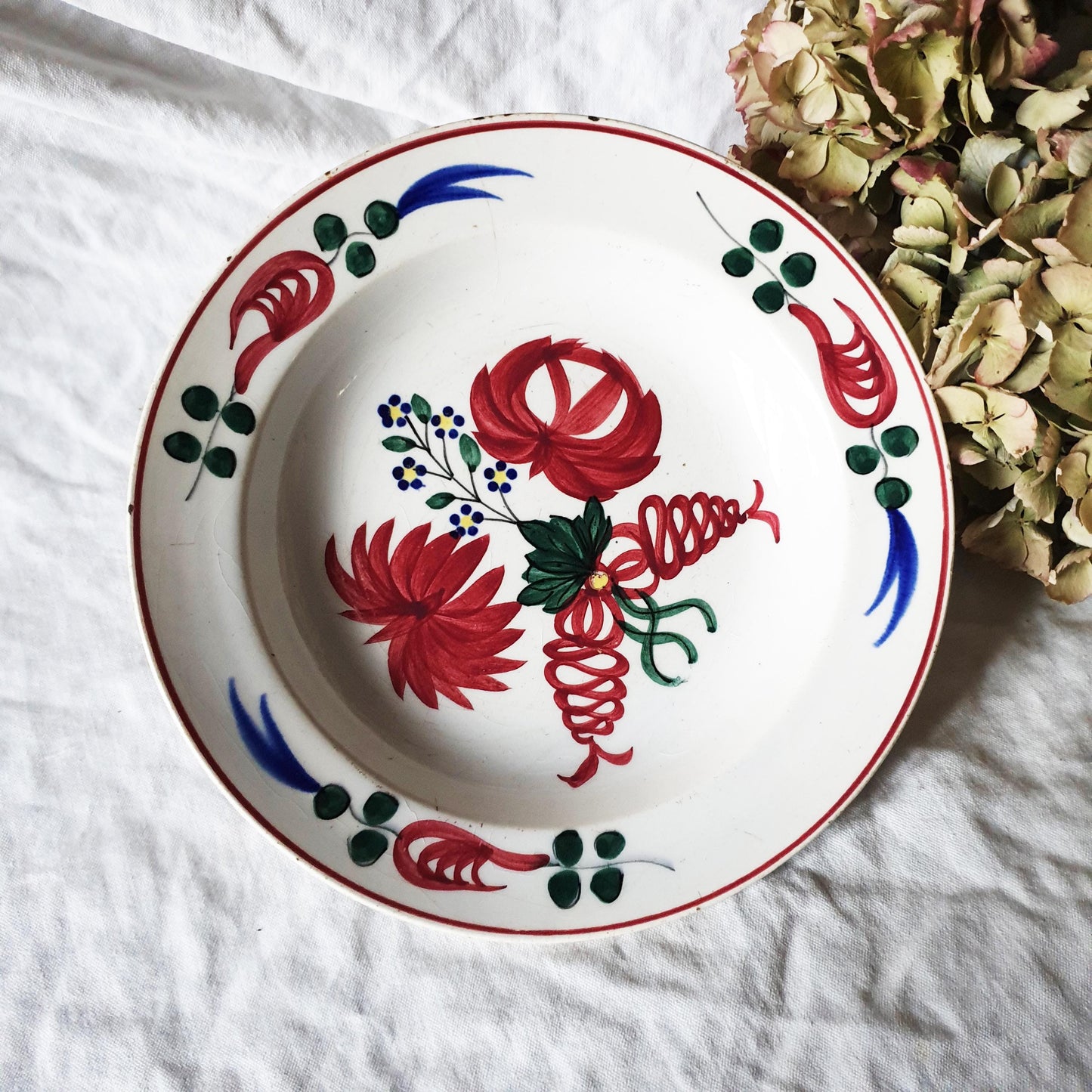 Antique Spongeware Soup Plate: Crimson Red Floral Welsh Pottery
