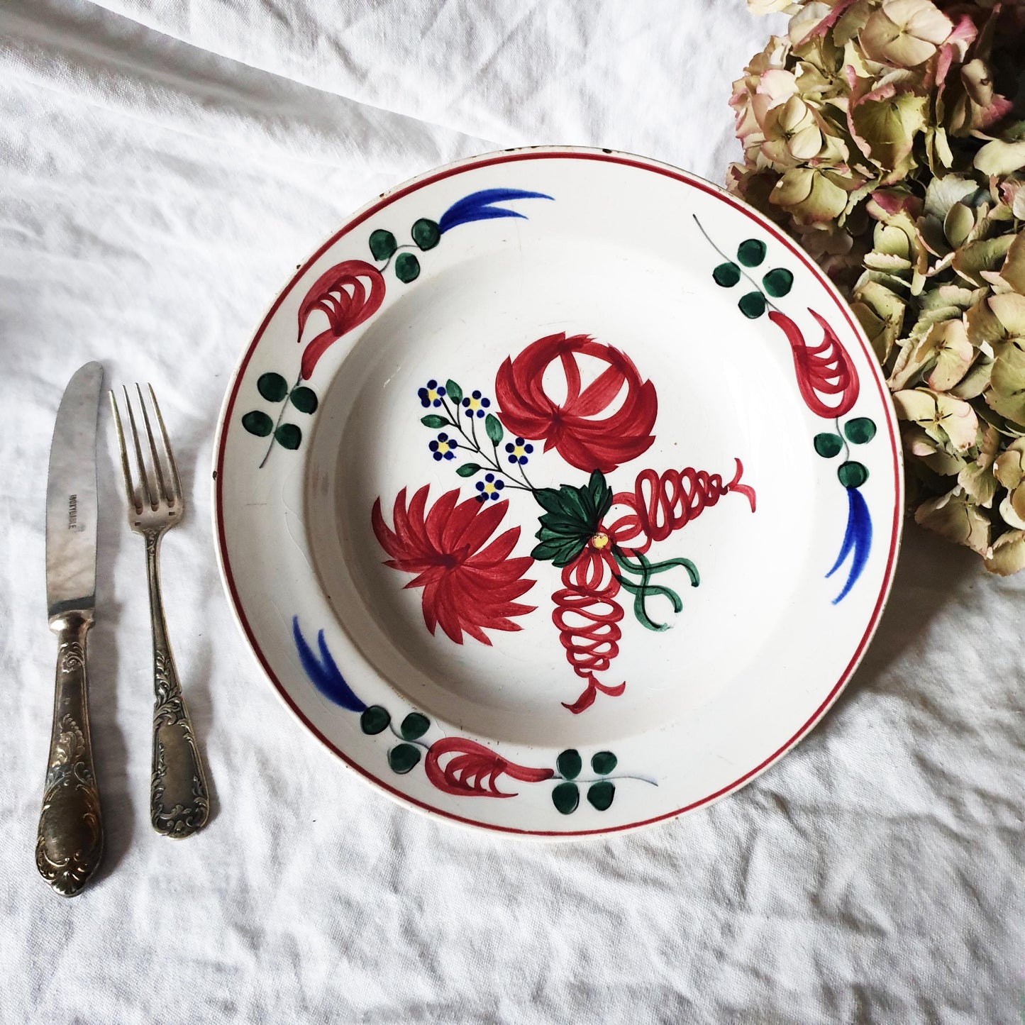 Antique Spongeware Soup Plate: Crimson Red Floral Welsh Pottery