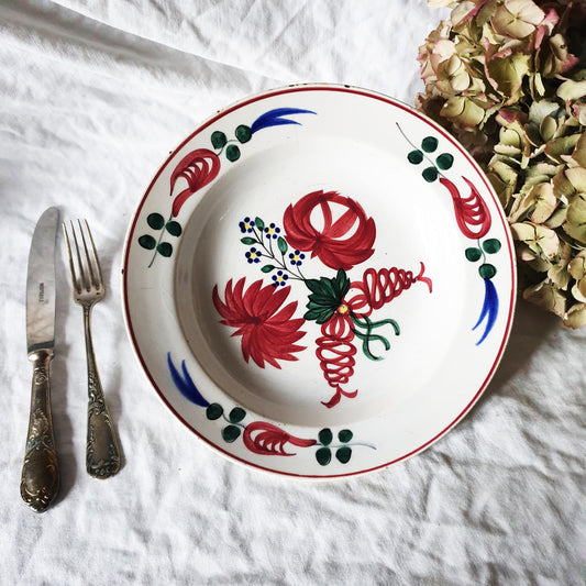 Antique Spongeware Soup Plate: Crimson Red Floral Welsh Pottery