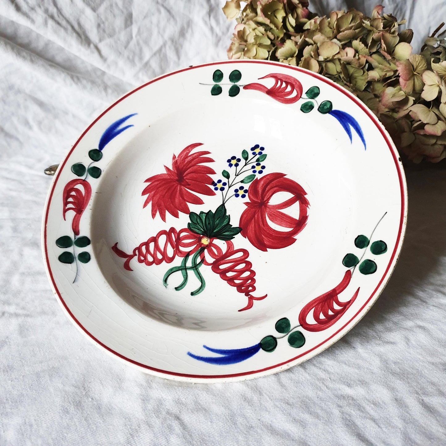 Antique Spongeware Soup Plate: Crimson Red Floral Welsh Pottery