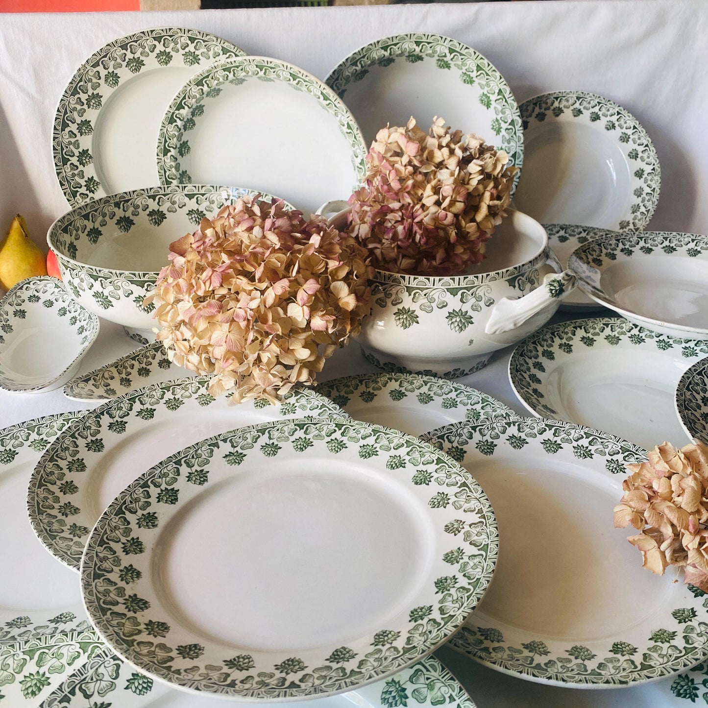 Antique French 10-Place Green Clover Dinner Set: Badonviller Transferware, 27 pc Service
