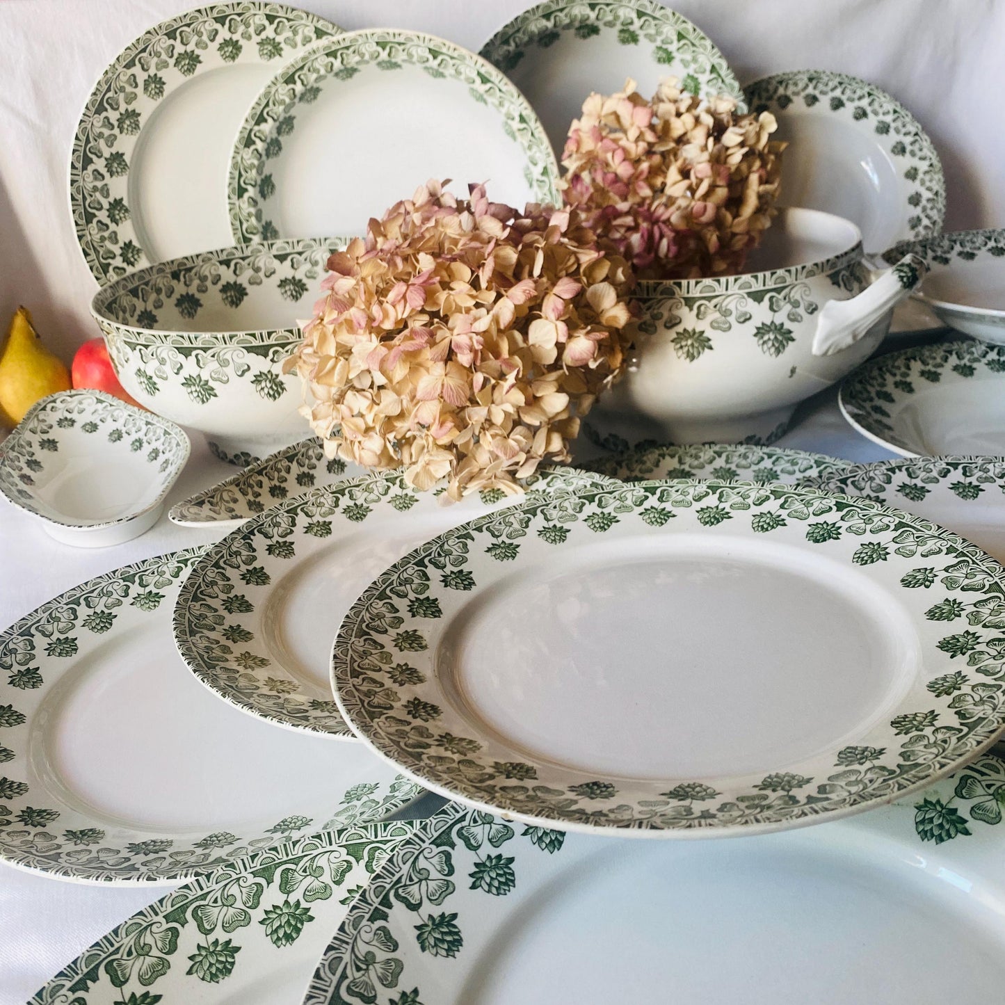 Antique French 10-Place Green Clover Dinner Set: Badonviller Transferware, 27 pc Service