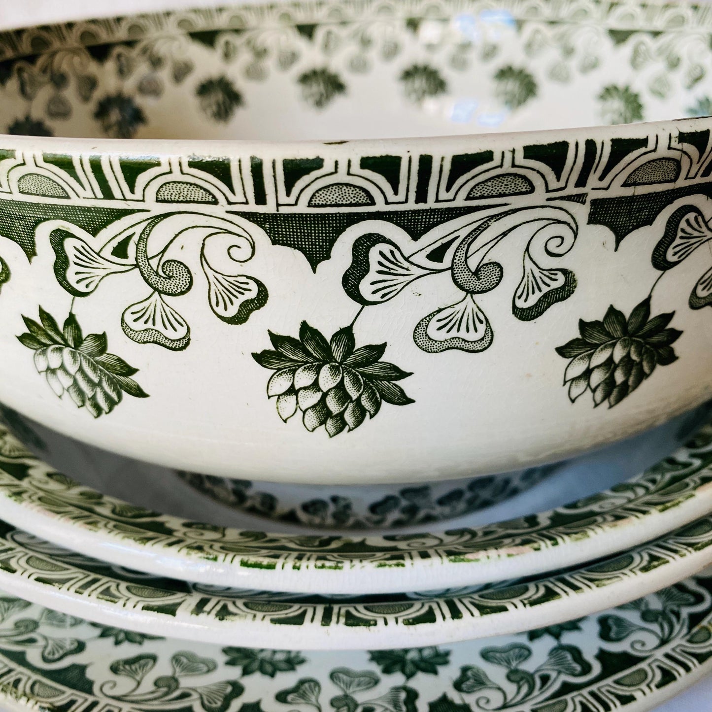 Antique French 10-Place Green Clover Dinner Set: Badonviller Transferware, 27 pc Service