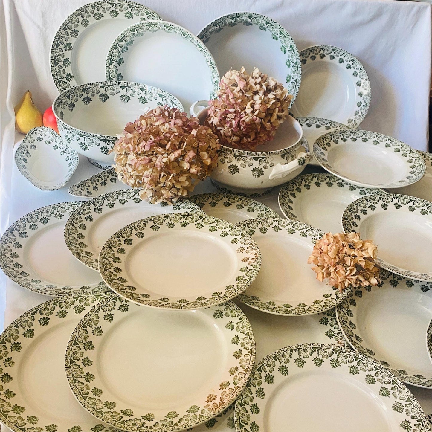 Antique French 10-Place Green Clover Dinner Set: Badonviller Transferware, 27 pc Service
