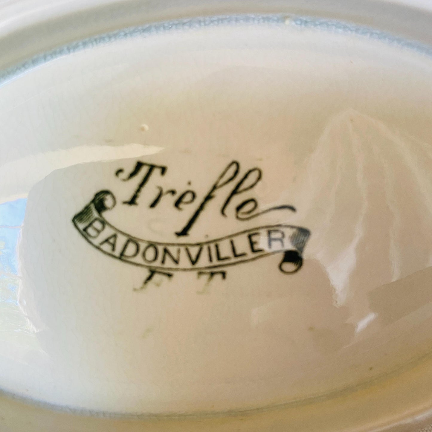 Antique French 10-Place Green Clover Dinner Set: Badonviller Transferware, 27 pc Service