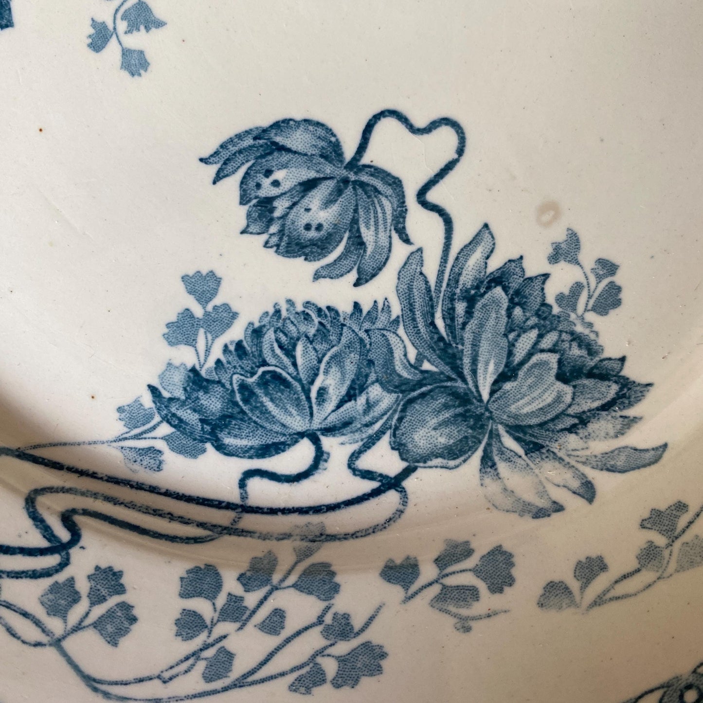 Antique Sarreguemines Transferware Compotiers: Art Nouveau Columbine Flower Dishes, Set of 2