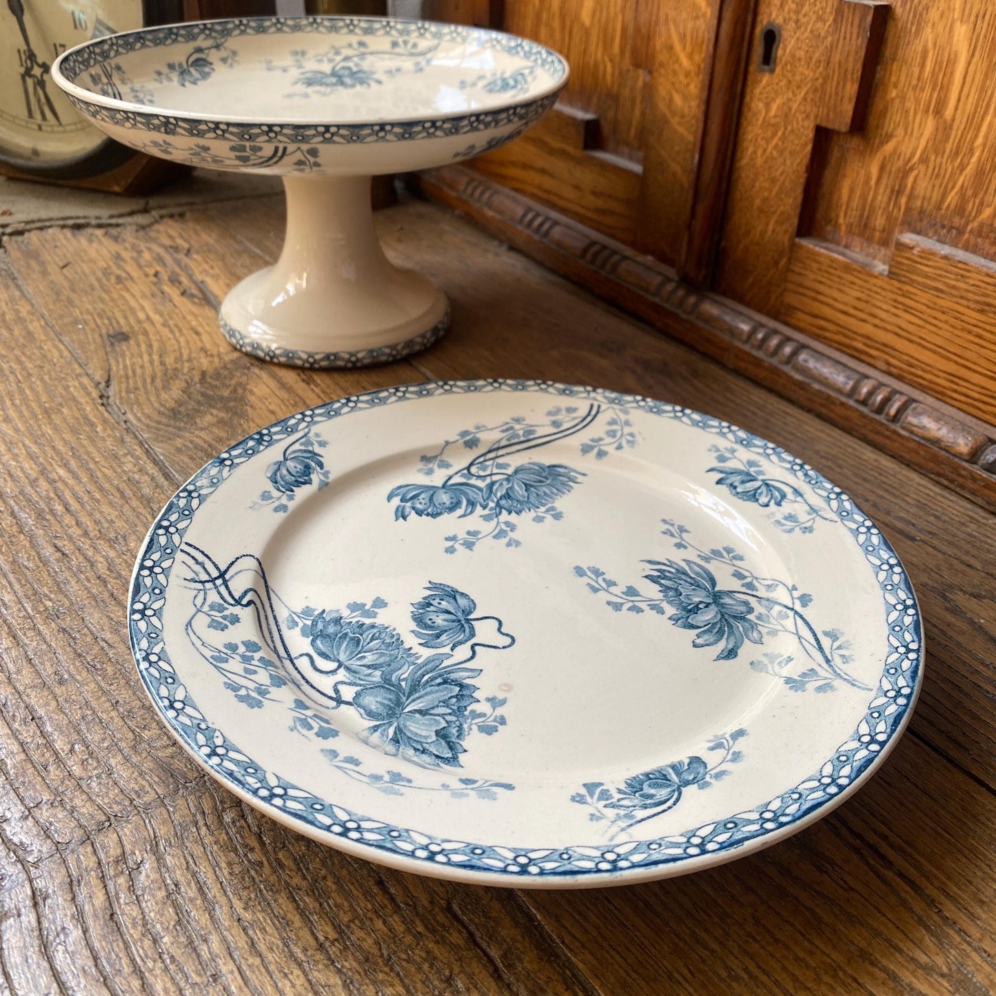 Antique Sarreguemines Transferware Compotiers: Art Nouveau Columbine Flower Dishes, Set of 2