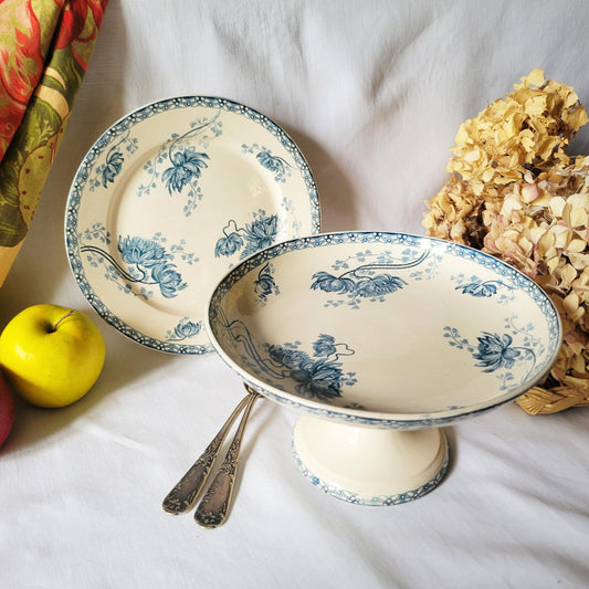 Antique Sarreguemines Transferware Compotiers: Art Nouveau Columbine Flower Dishes, Set of 2