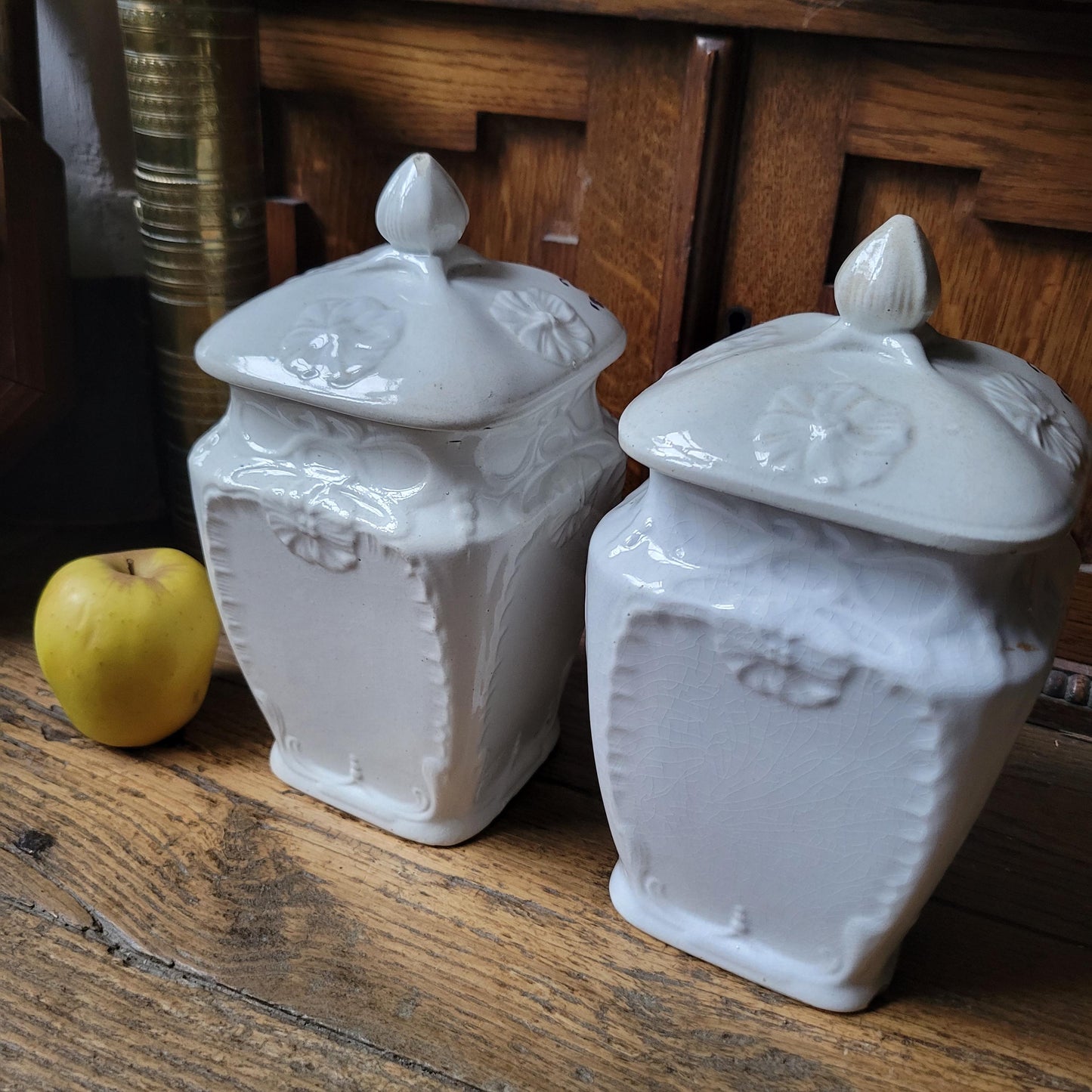 PAIR Antique French canisters vintage set of 2, Art Nouveau France c1900 transferware faience