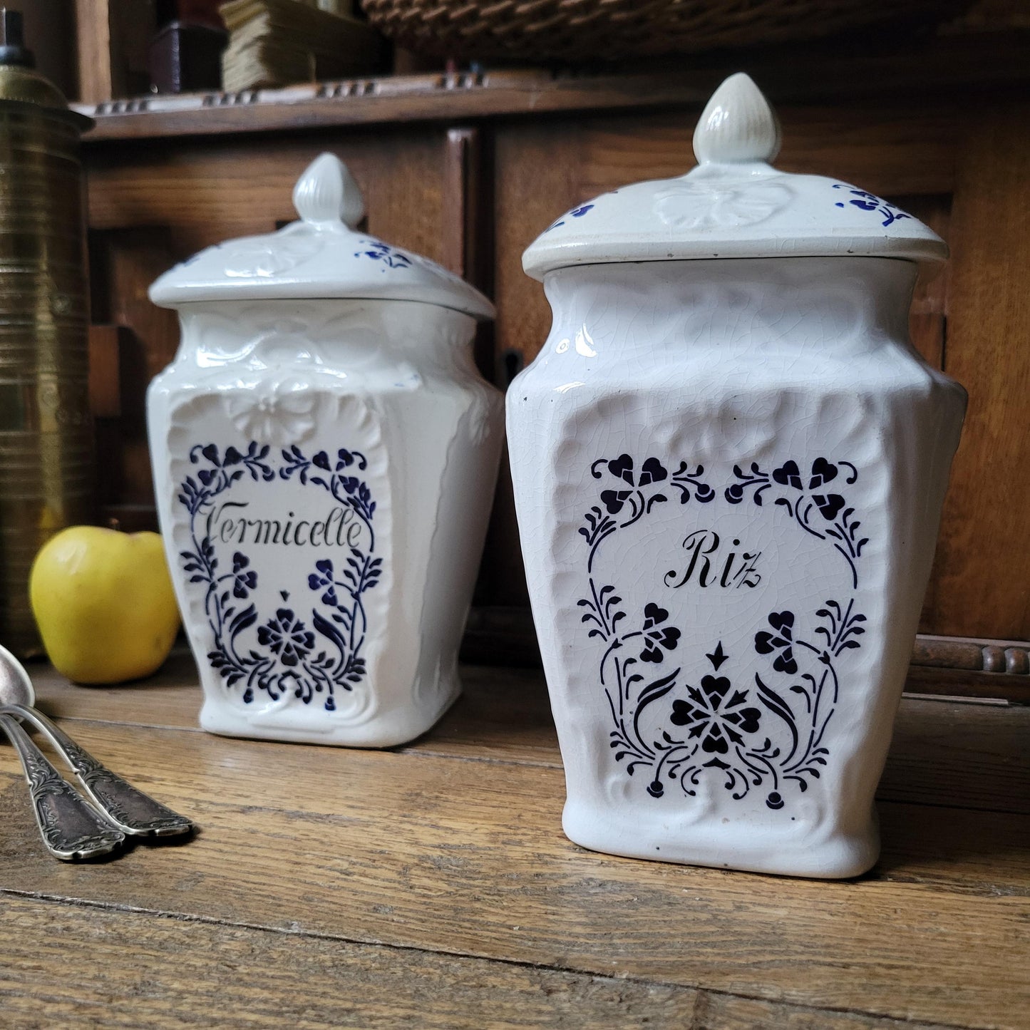 PAIR Antique French canisters vintage set of 2, Art Nouveau France c1900 transferware faience