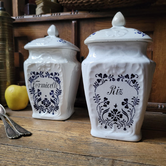 PAIR Antique French canisters vintage set of 2, Art Nouveau France c1900 transferware faience
