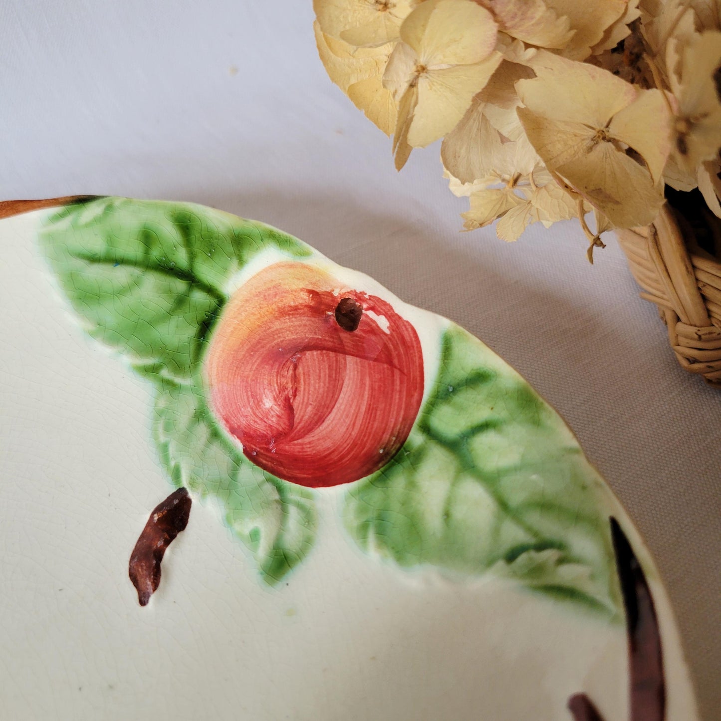 Antique French Majolica Plate: Barbotine Peach & Leaf Design, Hautin Boulenger