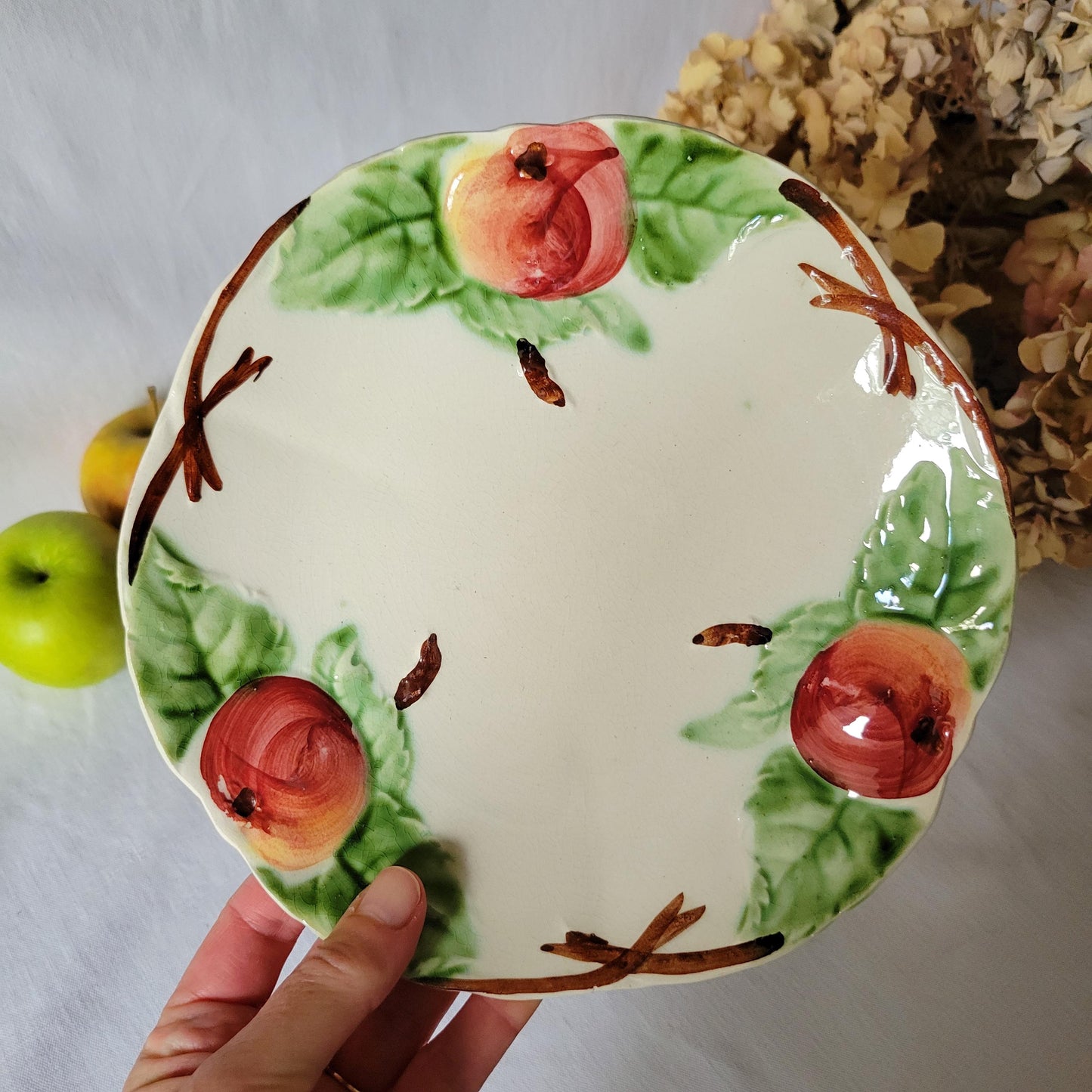 Antique French Majolica Plate: Barbotine Peach & Leaf Design, Hautin Boulenger