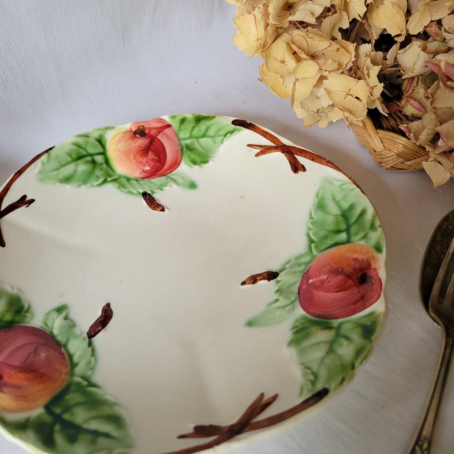 Antique French Majolica Plate: Barbotine Peach & Leaf Design, Hautin Boulenger