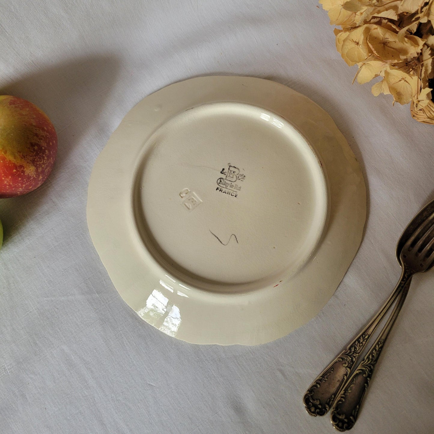 Antique French Majolica Plate: Barbotine Peach & Leaf Design, Hautin Boulenger
