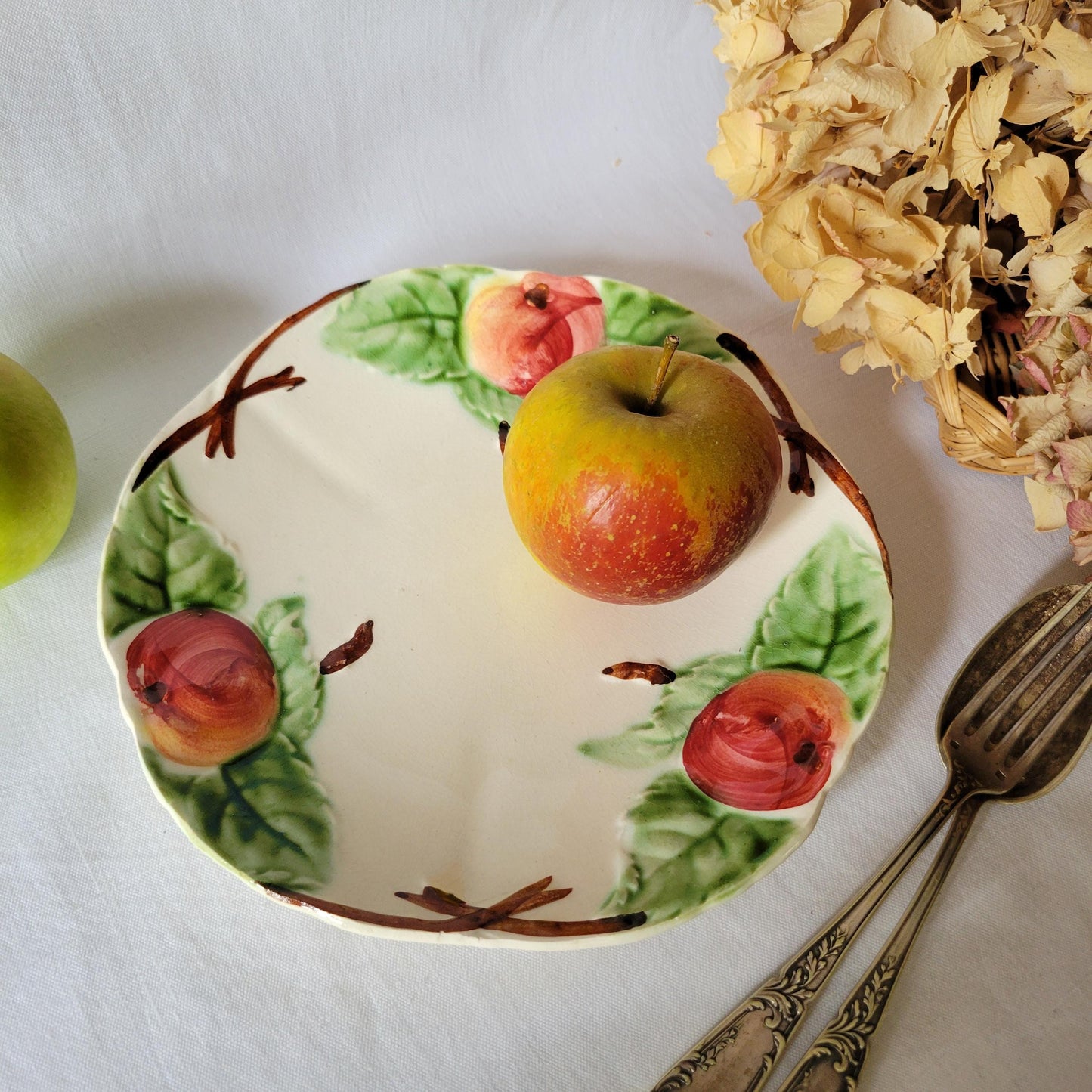 Antique French Majolica Plate: Barbotine Peach & Leaf Design, Hautin Boulenger