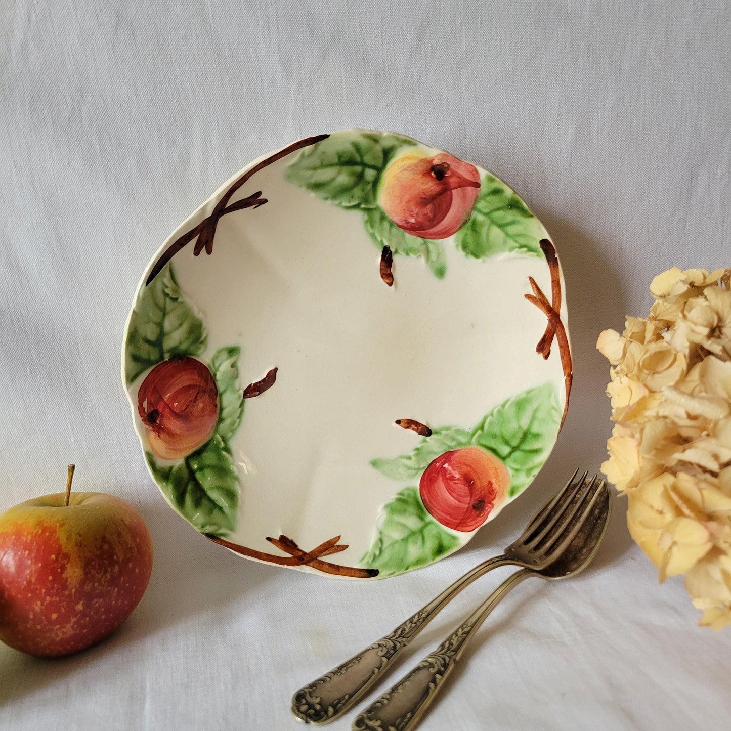 Antique French Majolica Plate: Barbotine Peach & Leaf Design, Hautin Boulenger