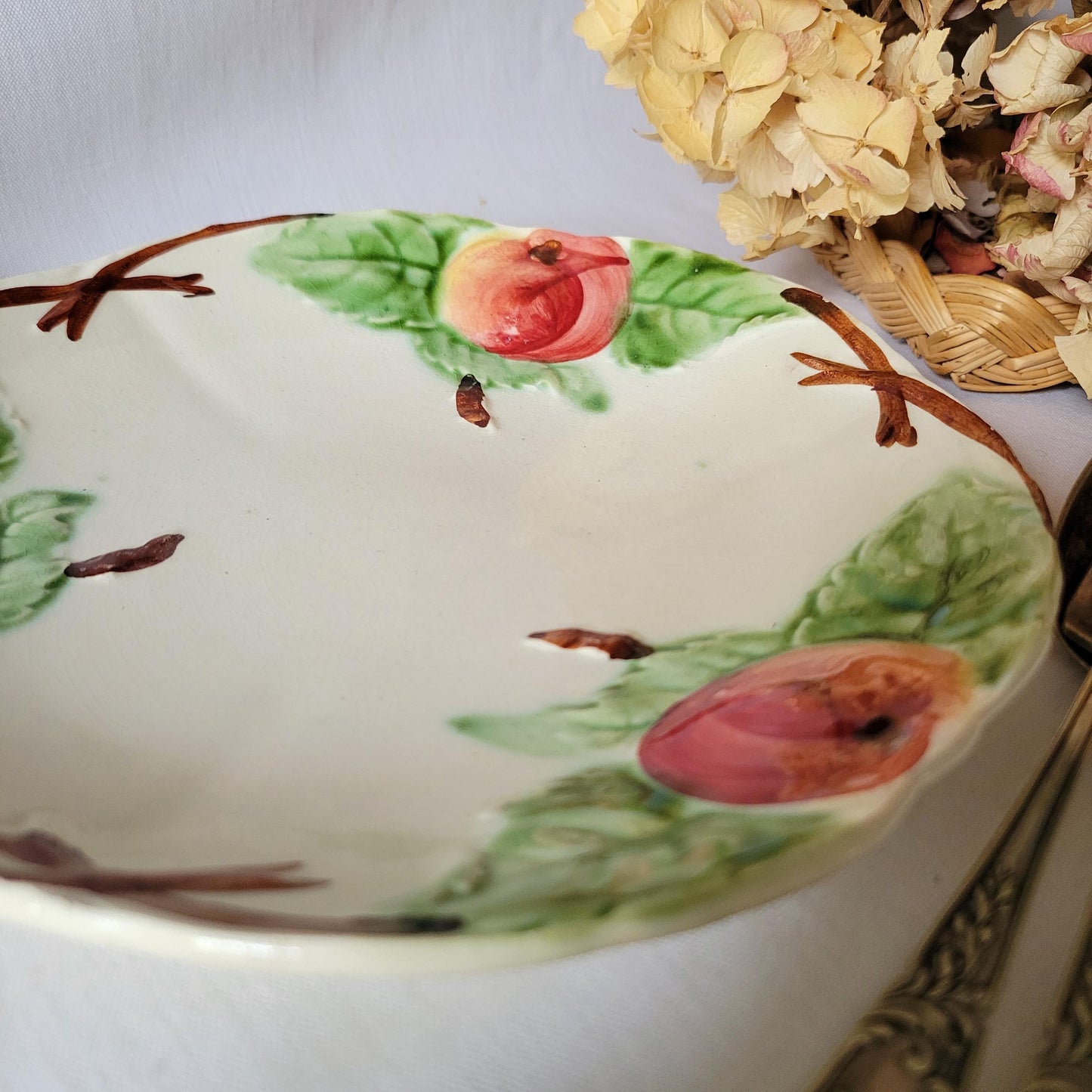 Antique French Majolica Plate: Barbotine Peach & Leaf Design, Hautin Boulenger