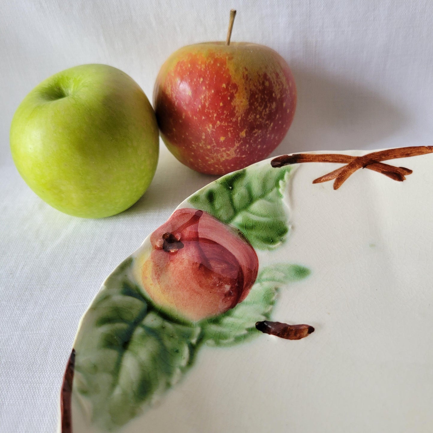 Antique French Majolica Plate: Barbotine Peach & Leaf Design, Hautin Boulenger