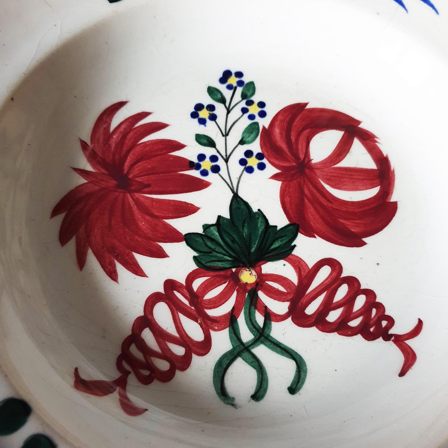 Antique Spongeware Soup Plate: Crimson Red Floral Welsh Pottery