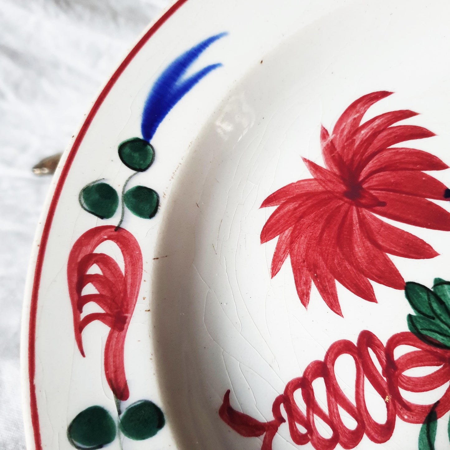 Antique Spongeware Soup Plate: Crimson Red Floral Welsh Pottery
