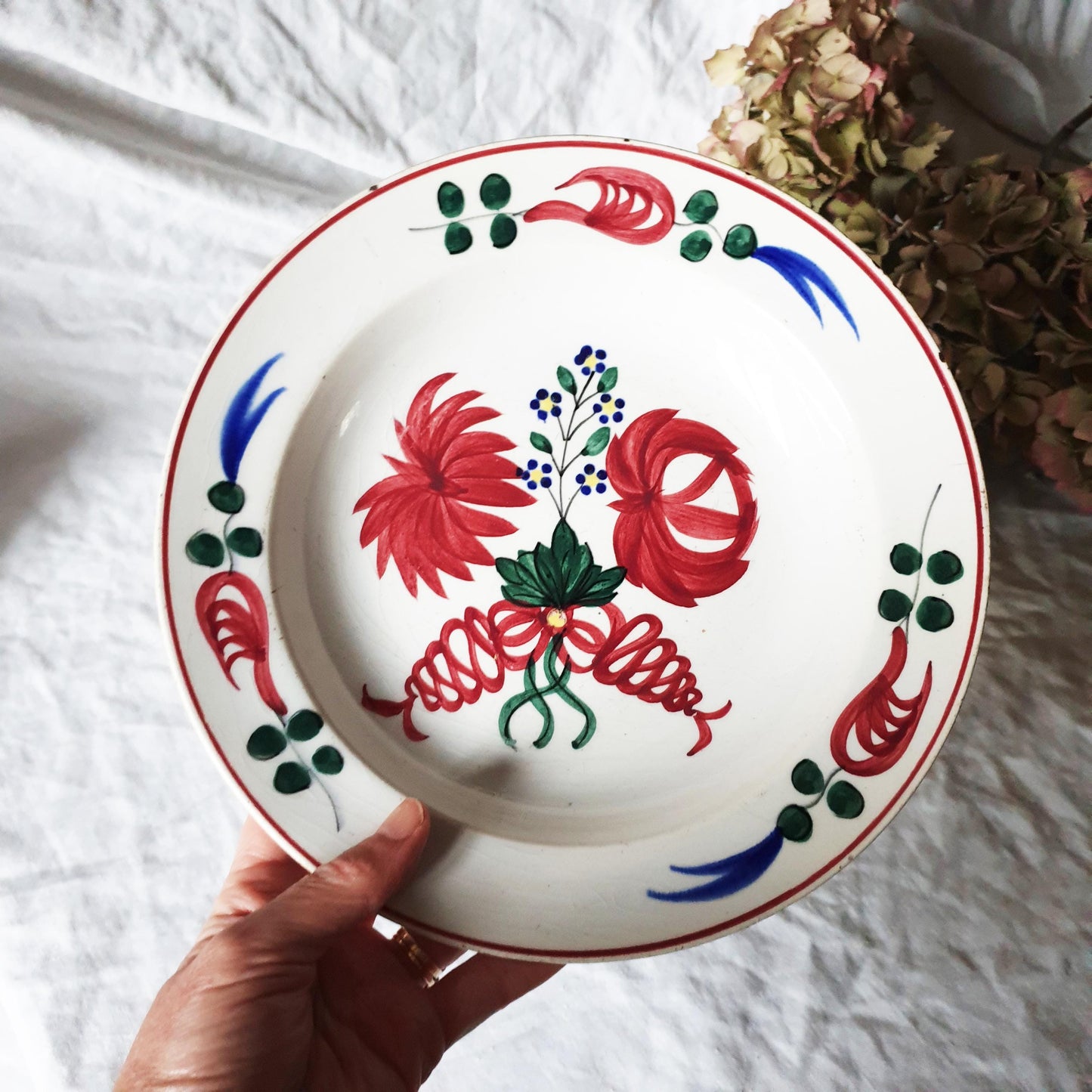 Antique Spongeware Soup Plate: Crimson Red Floral Welsh Pottery