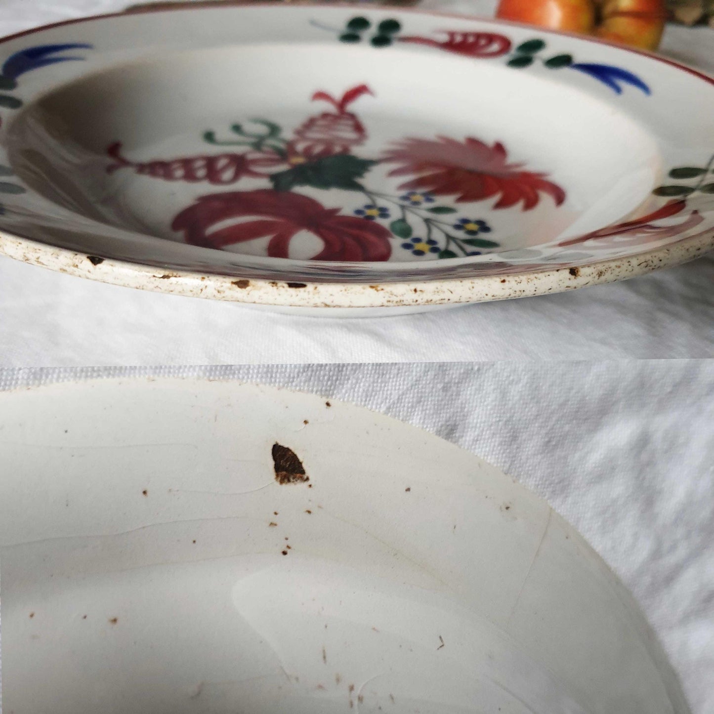 Antique Spongeware Soup Plate: Crimson Red Floral Welsh Pottery