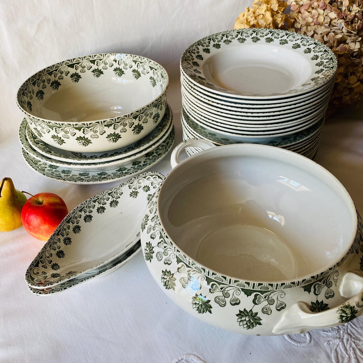 Antique French 10-Place Green Clover Dinner Set: Badonviller Transferware, 27 pc Service