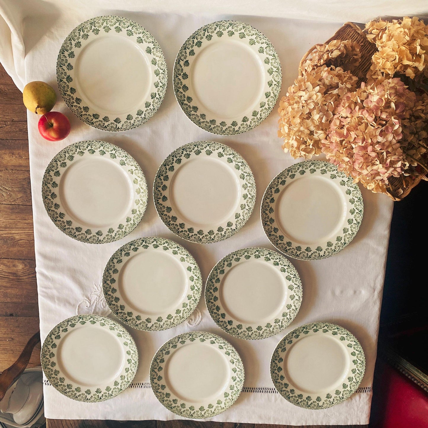 Antique French 10-Place Green Clover Dinner Set: Badonviller Transferware, 27 pc Service