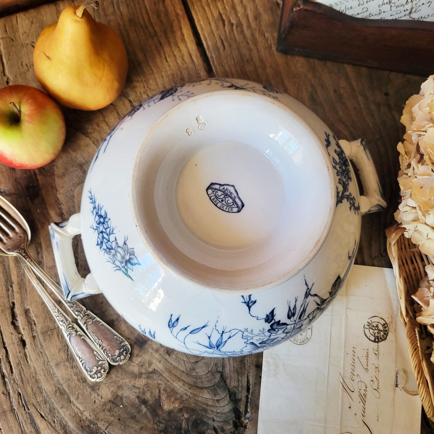 Antique French Ironstone Tureen Base: Sarreguemines "Carmen" Pattern, c1890