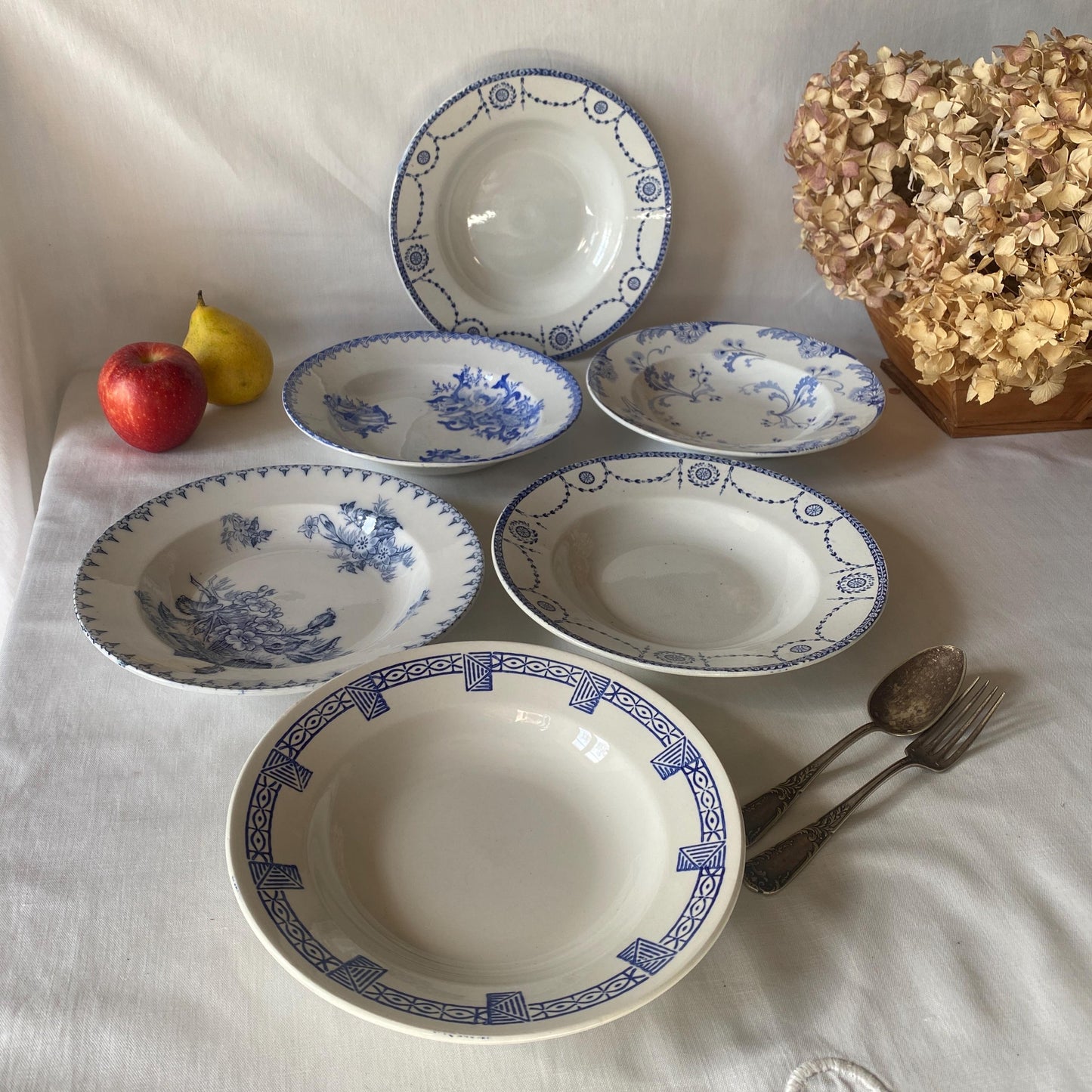 Antique French Ironstone Soup Plates – Blue Transferware, Set of 6