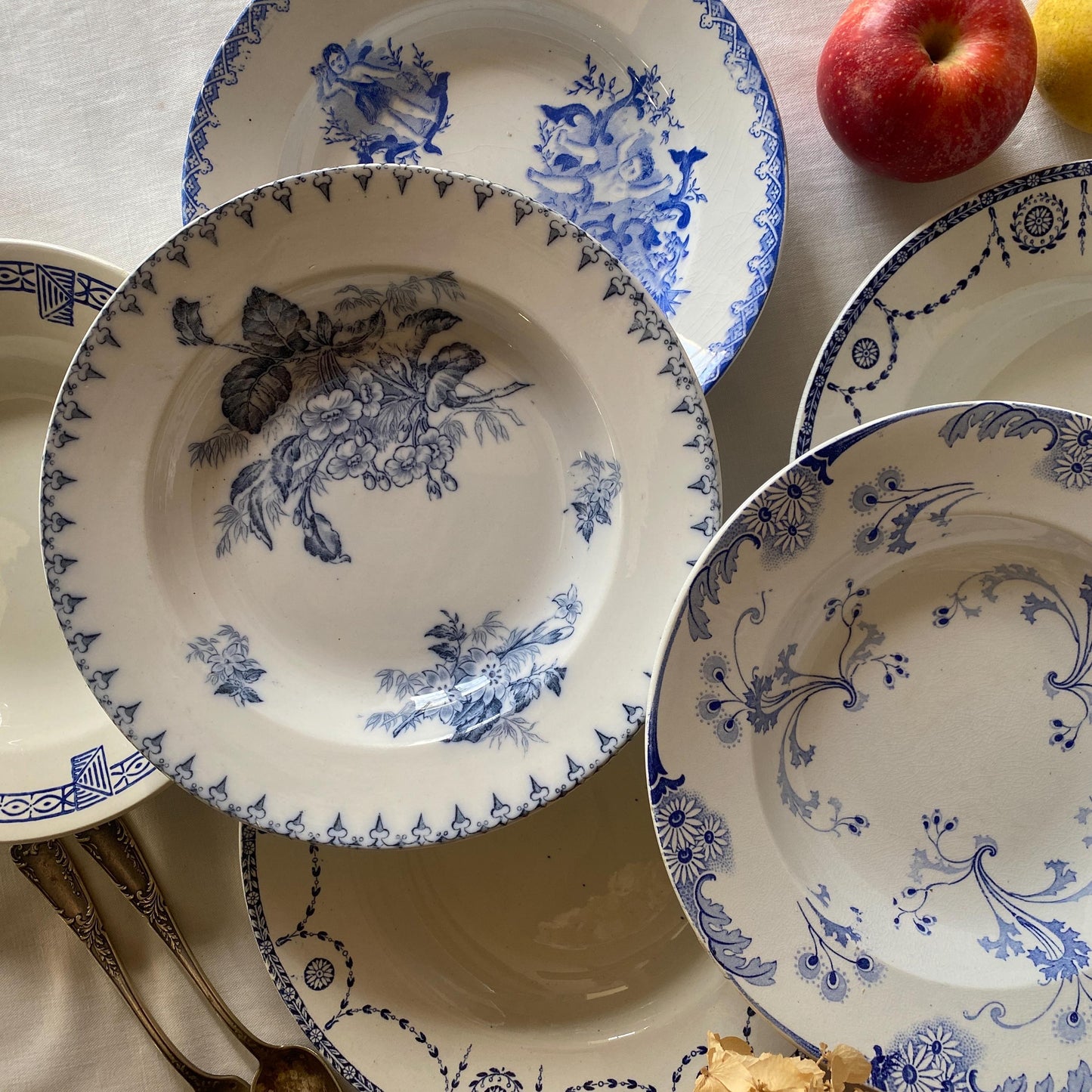 Antique French Ironstone Soup Plates – Blue Transferware, Set of 6